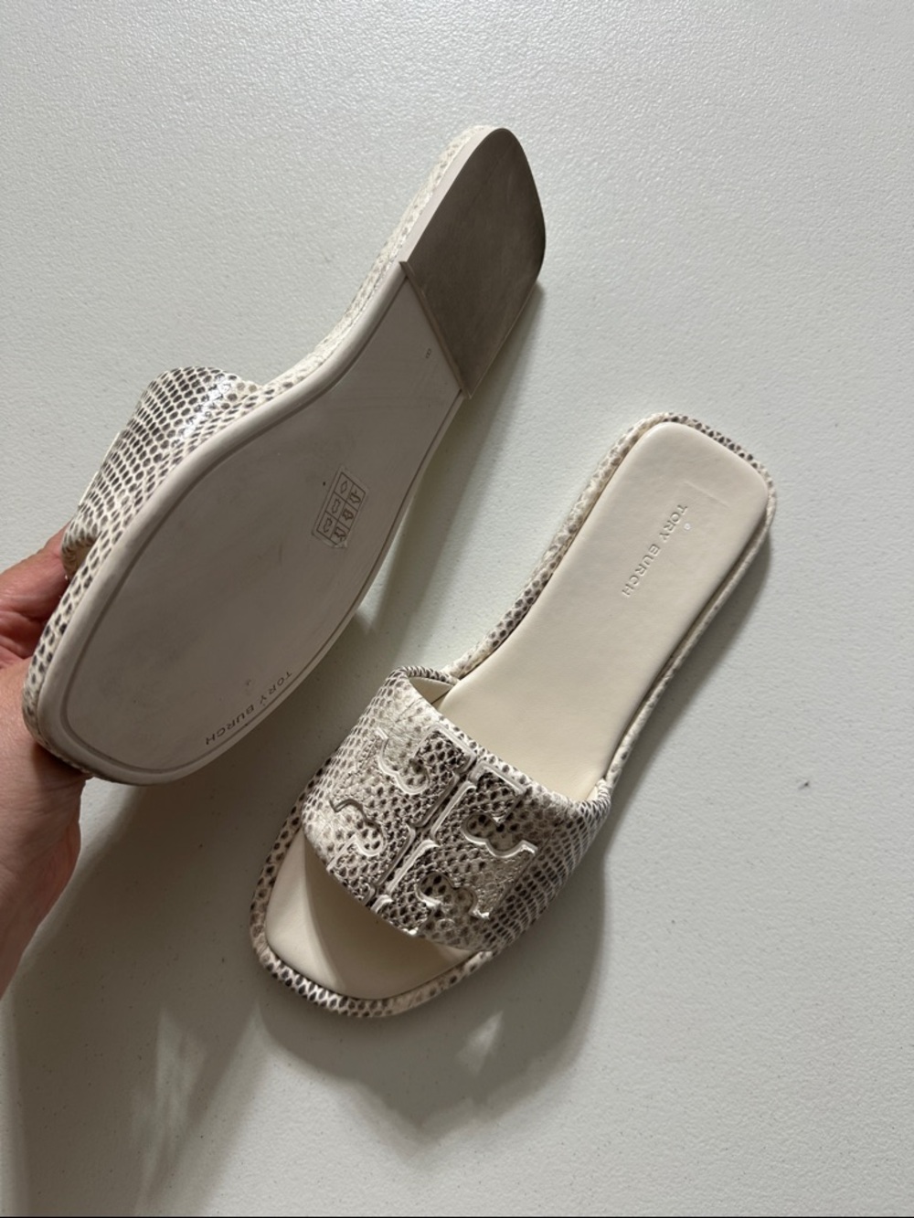Tory Burch Cream Snake-Embossed Slide Sandals with Logo Cutout - Picture 7 of 7
